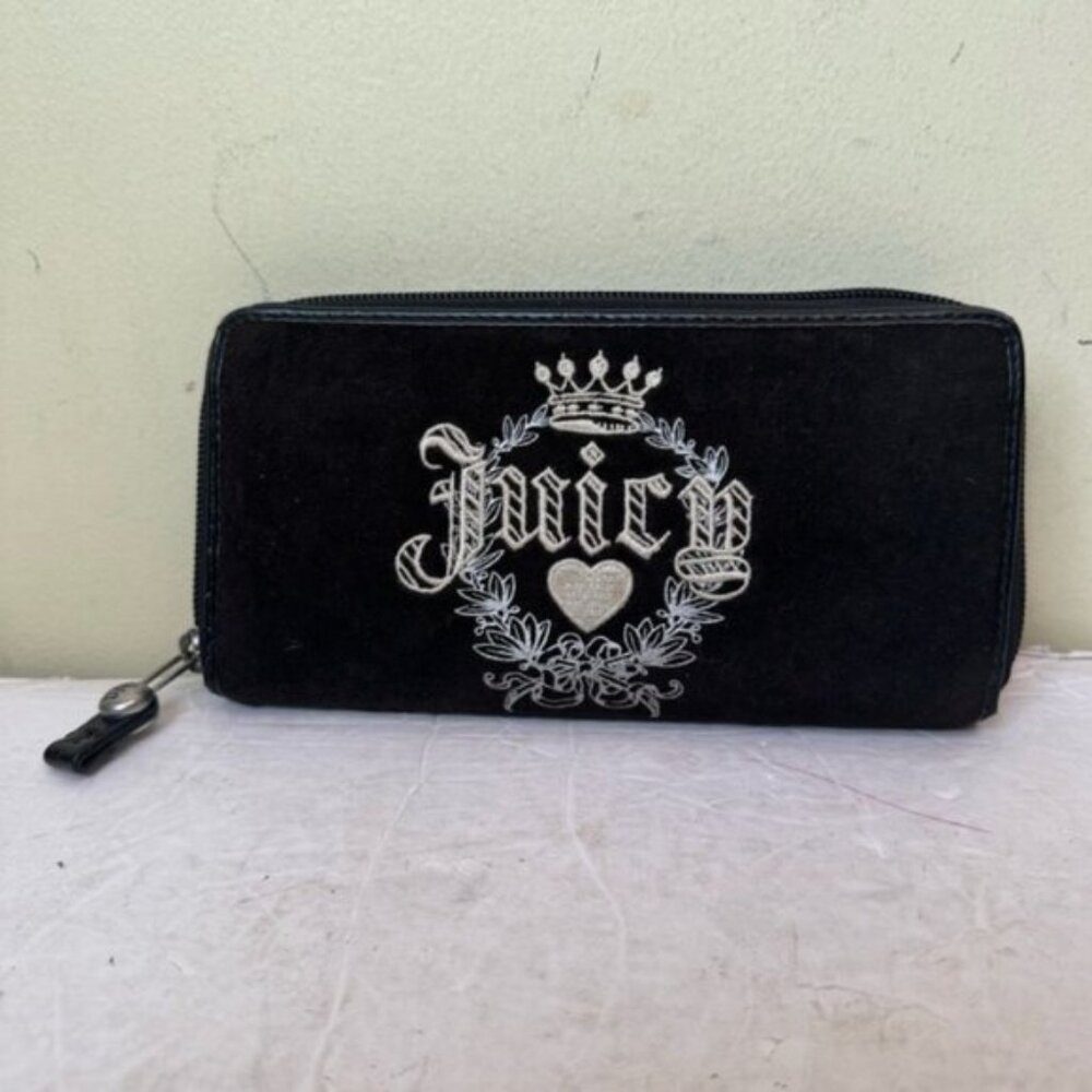 Juicy Couture Y2K Velour Leather Zippy Zip Around Wallet Embroidered Logo Clutch